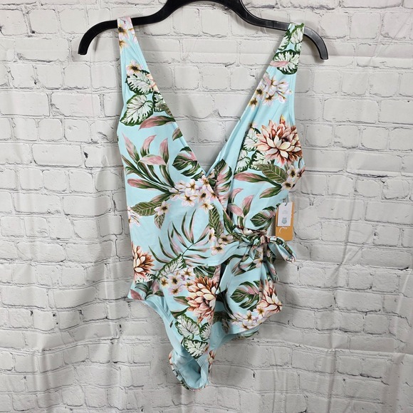 KONA SOL Floral Wrap One Piece Swimsuit NWT Womens Size XL 16-18 Blue T12-25 - Picture 1 of 6